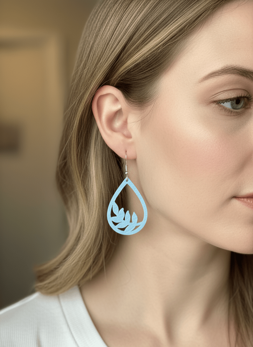 Light Blue Leaf Cutout Teardrop Earrings - Panda WillIow Studio