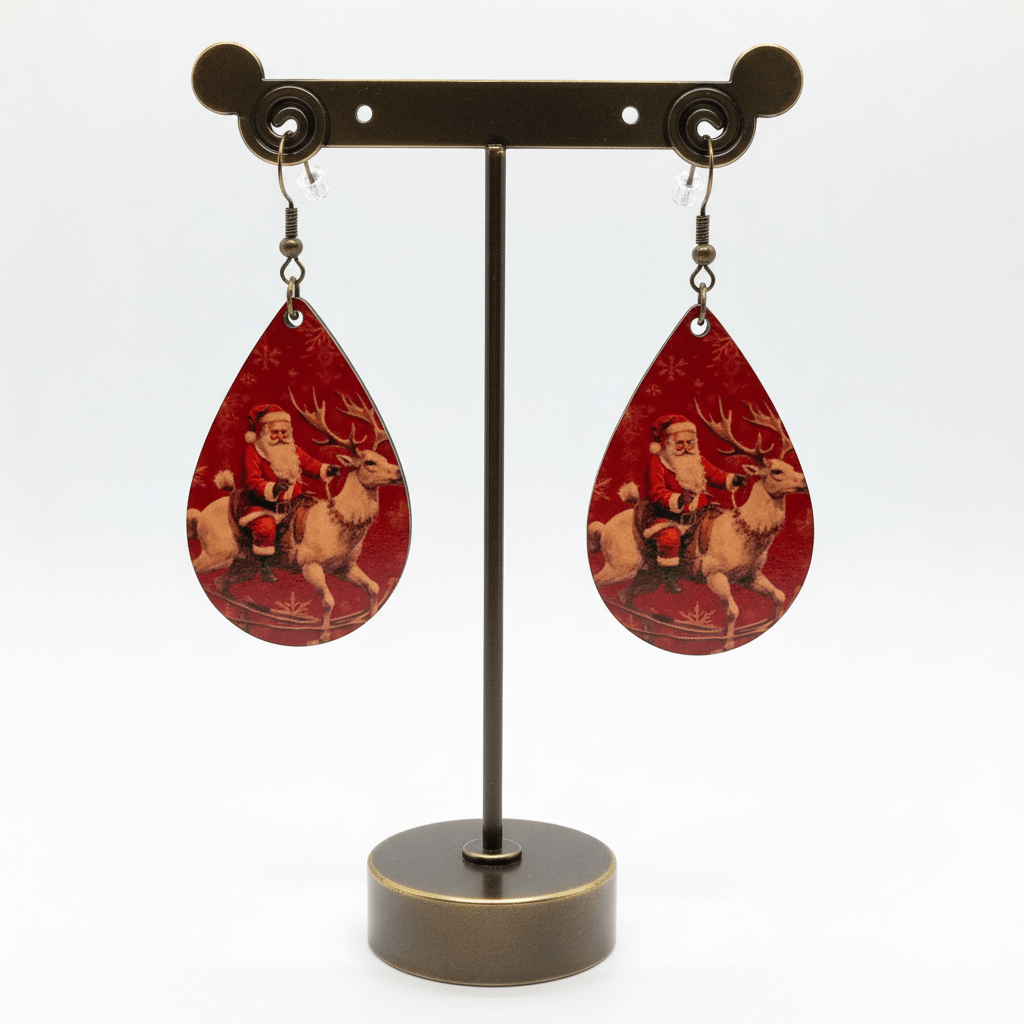 Vintage Santa & Reindeer Teardrop Christmas Earrings - Panda Williow Studio
