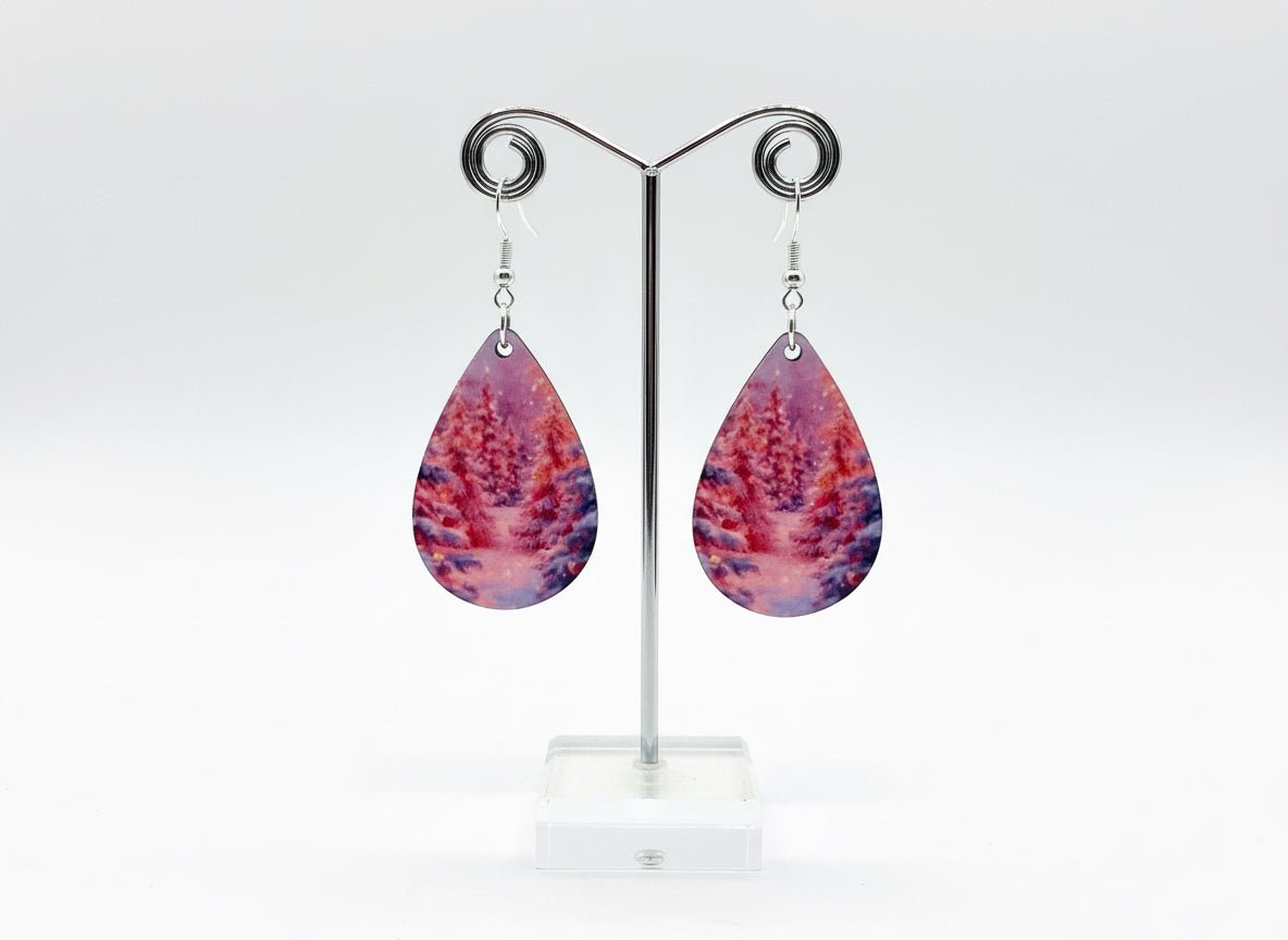 Pink Winter Forest Teardrop Earrings – Magical Snowy Landscape Lightweight Jewelry - Panda Williow Studio