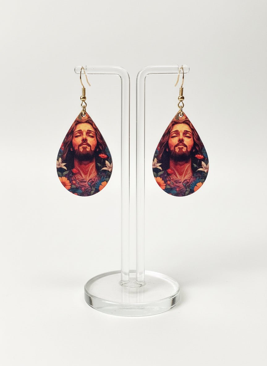 Floral Jesus Teardrop Earrings – Faith - Inspired Christian Jewelry - Panda Williow Studio