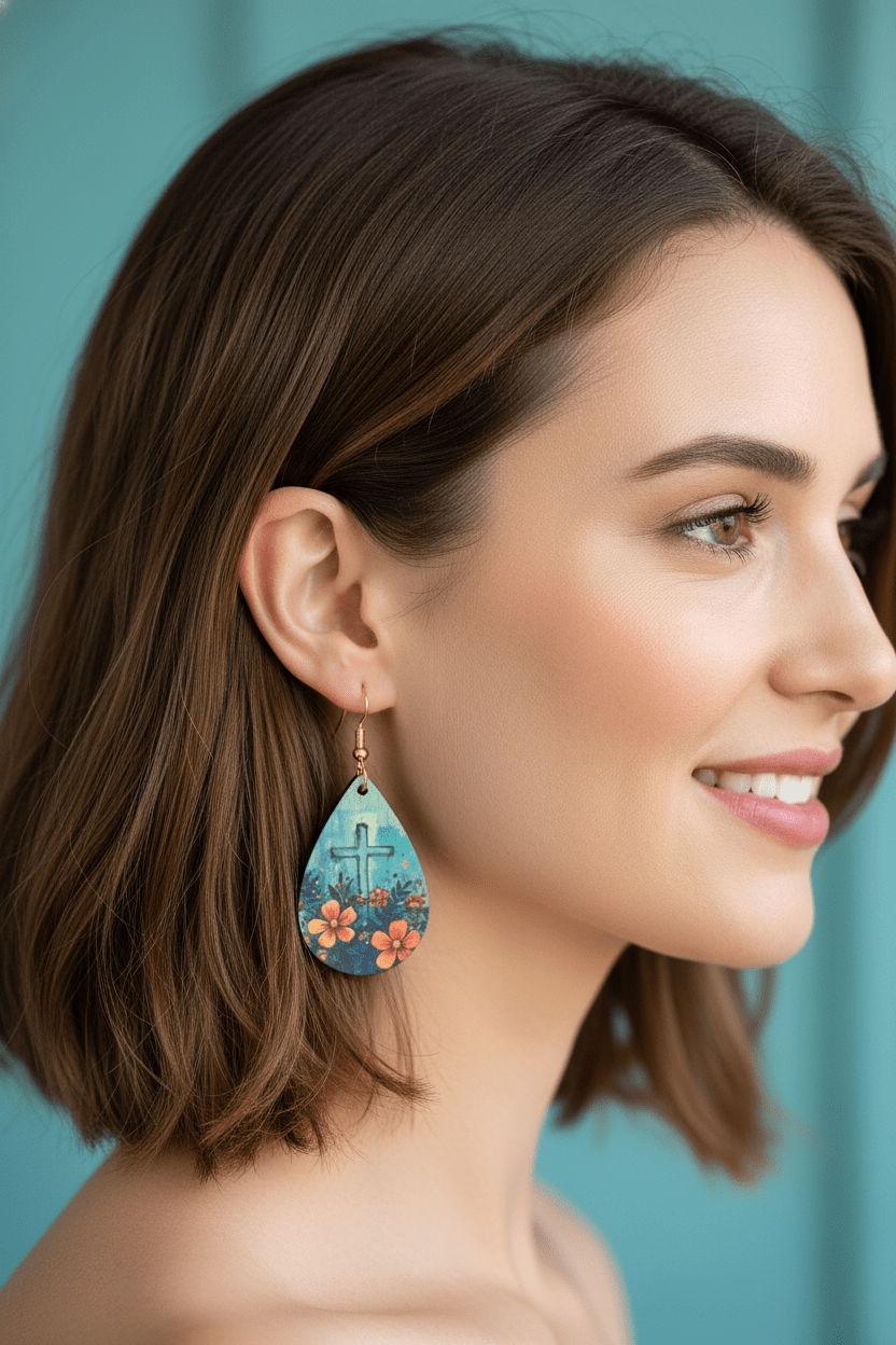 Floral Cross Teardrop Earrings – Faith Inspired, sublimated, lightweight jewelry - Panda Williow Studio