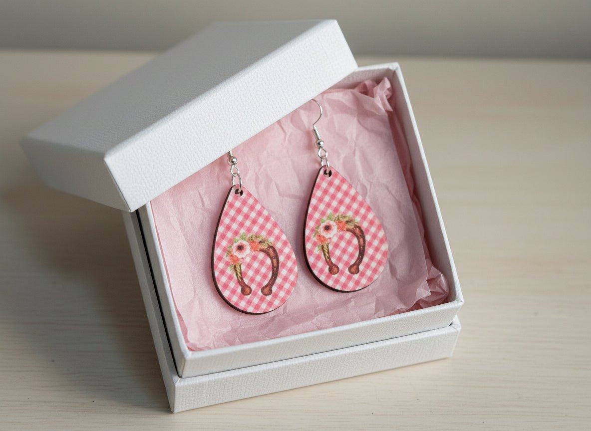 Pink Gingham Horseshoe Floral Teardrop Earrings – Western Chic Lightweight Jewelry - Panda Williow Studio