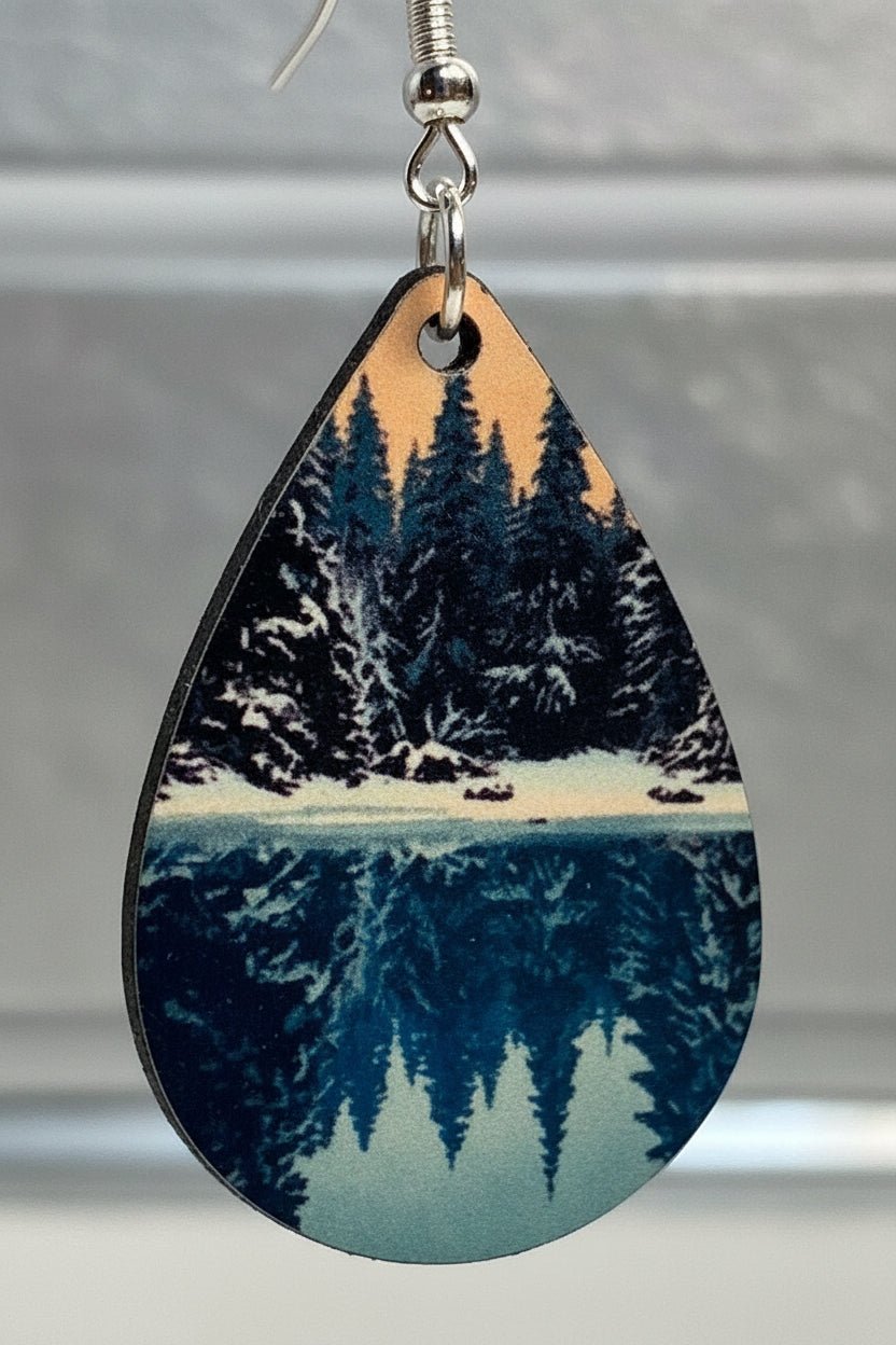 Snowy Pine Forest Teardrop Earrings - Winter Landscape Lightweight Jewelry - Panda Williow Studio