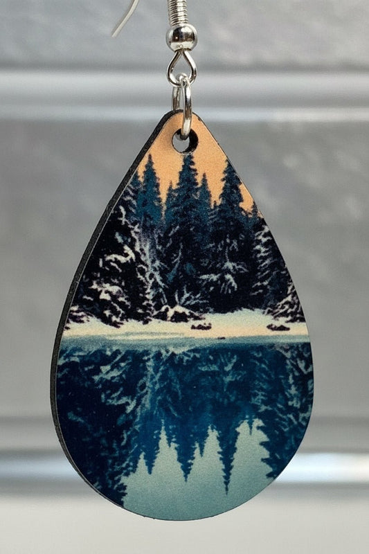 Snowy Pine Forest Teardrop Earrings - Winter Landscape Lightweight Jewelry - Panda Williow Studio