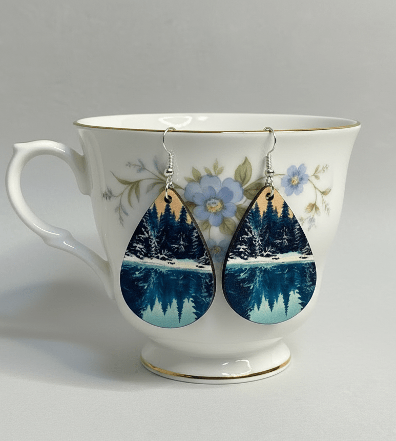 Snowy Pine Forest Teardrop Earrings - Winter Landscape Lightweight Jewelry - Panda Williow Studio