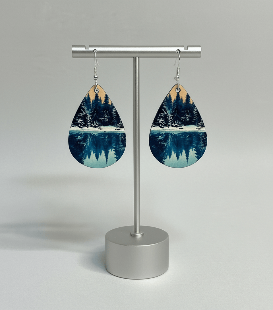 Snowy Pine Forest Teardrop Earrings - Winter Landscape Lightweight Jewelry - Panda Williow Studio