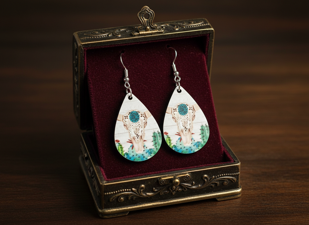Boho Cow Skull & Cactus Teardrop Earrings-Southwestren Lightweight Jewelry