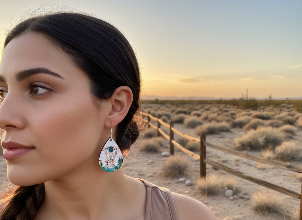 Boho Cow Skull & Cactus Teardrop Earrings-Southwestren Lightweight Jewelry