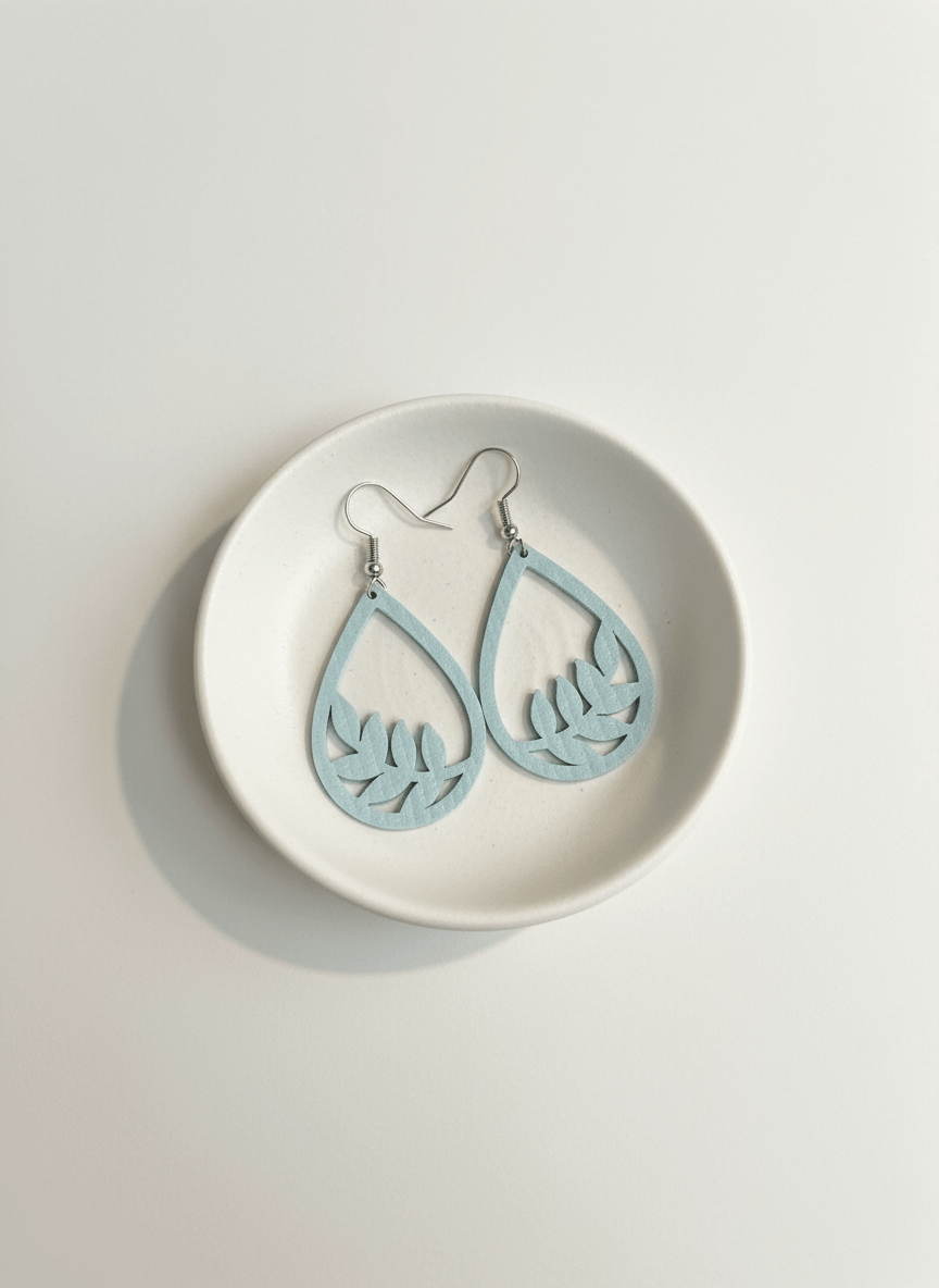 Light Blue Leaf Cutout Teardrop Earrings - Panda WillIow Studio