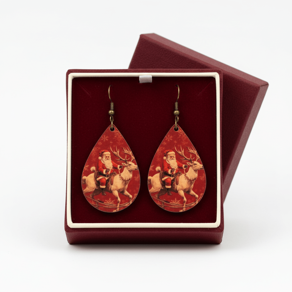 Vintage Santa & Reindeer Teardrop Christmas Earrings - Panda Williow Studio