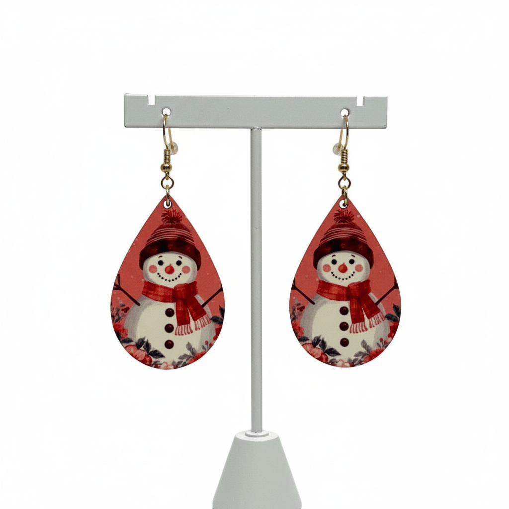 Pink Snowman Teardrop Christmas Earrings - Panda Williow Studio