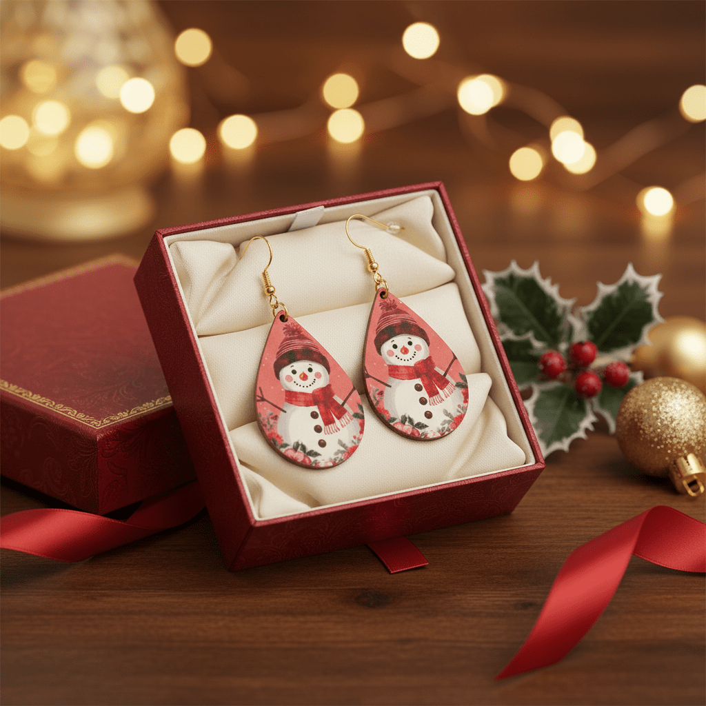 Pink Snowman Teardrop Christmas Earrings - Panda Williow Studio