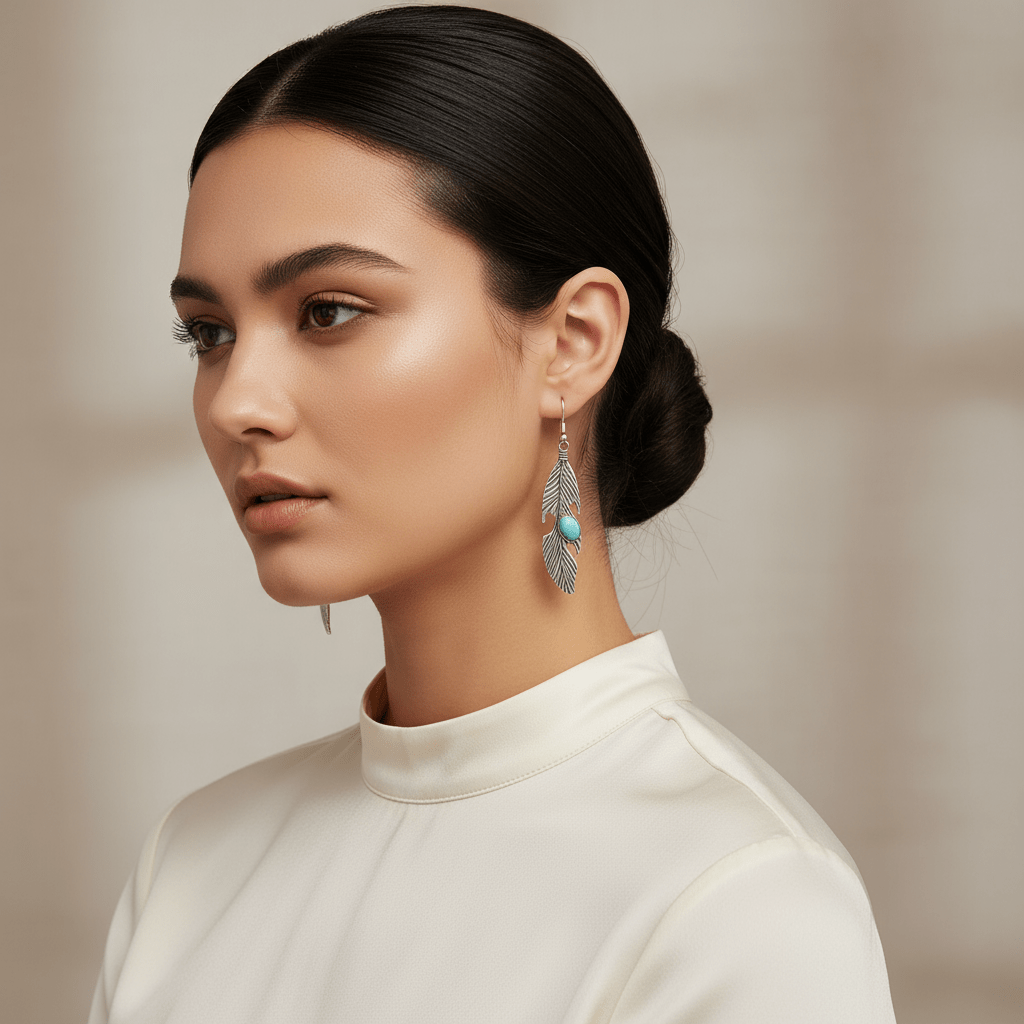 Turquoise Feather Drop Earrings - Panda WillIow Studio