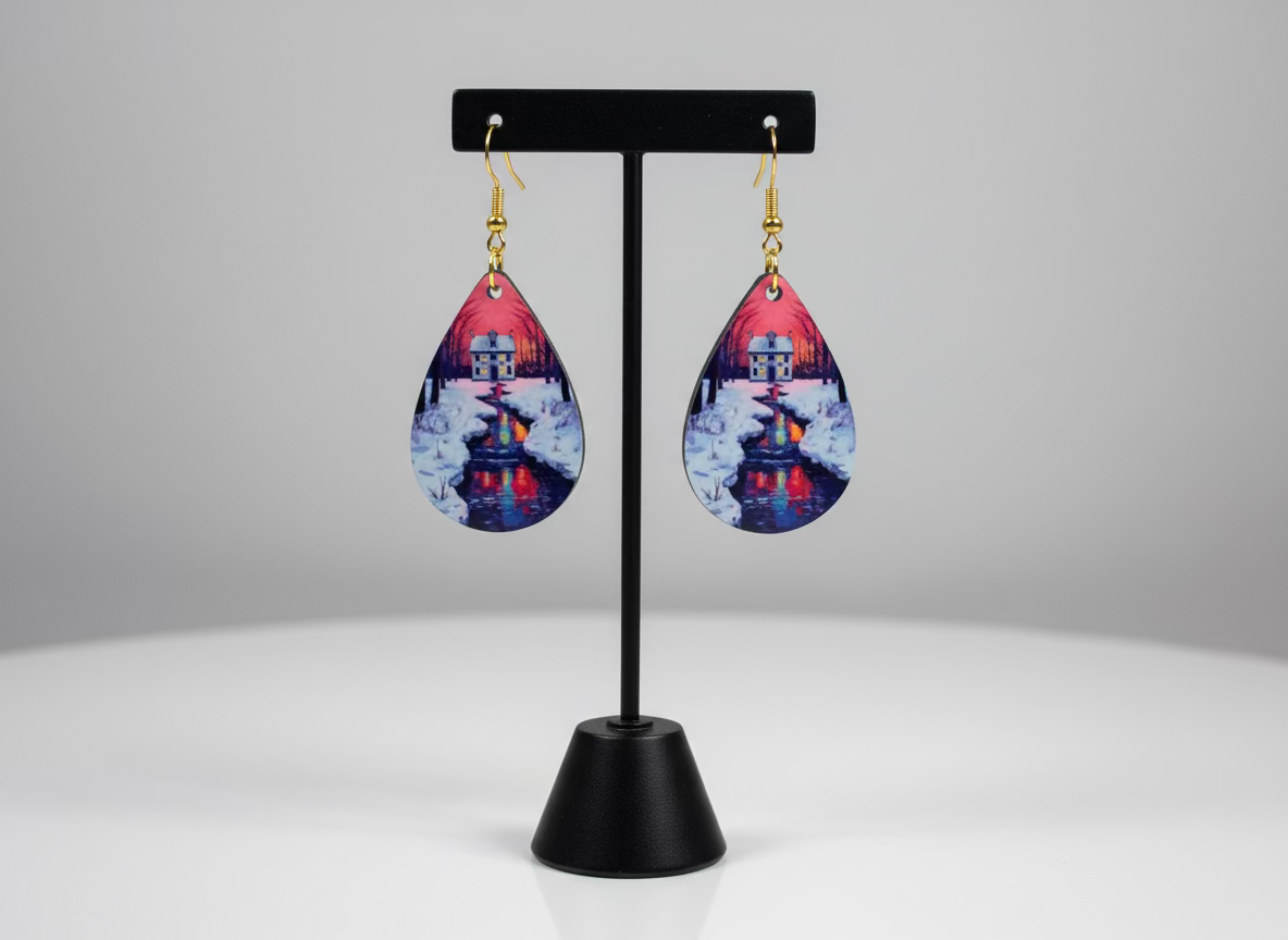 Winter Cottage Sunset Teardrop Earrings – Cozy Christmas Lightweight Jewelry