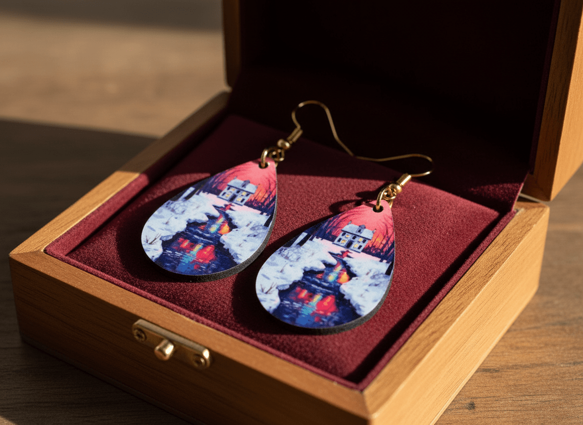 Winter Cottage Sunset Teardrop Earrings – Cozy Christmas Lightweight Jewelry - Panda Williow Studio