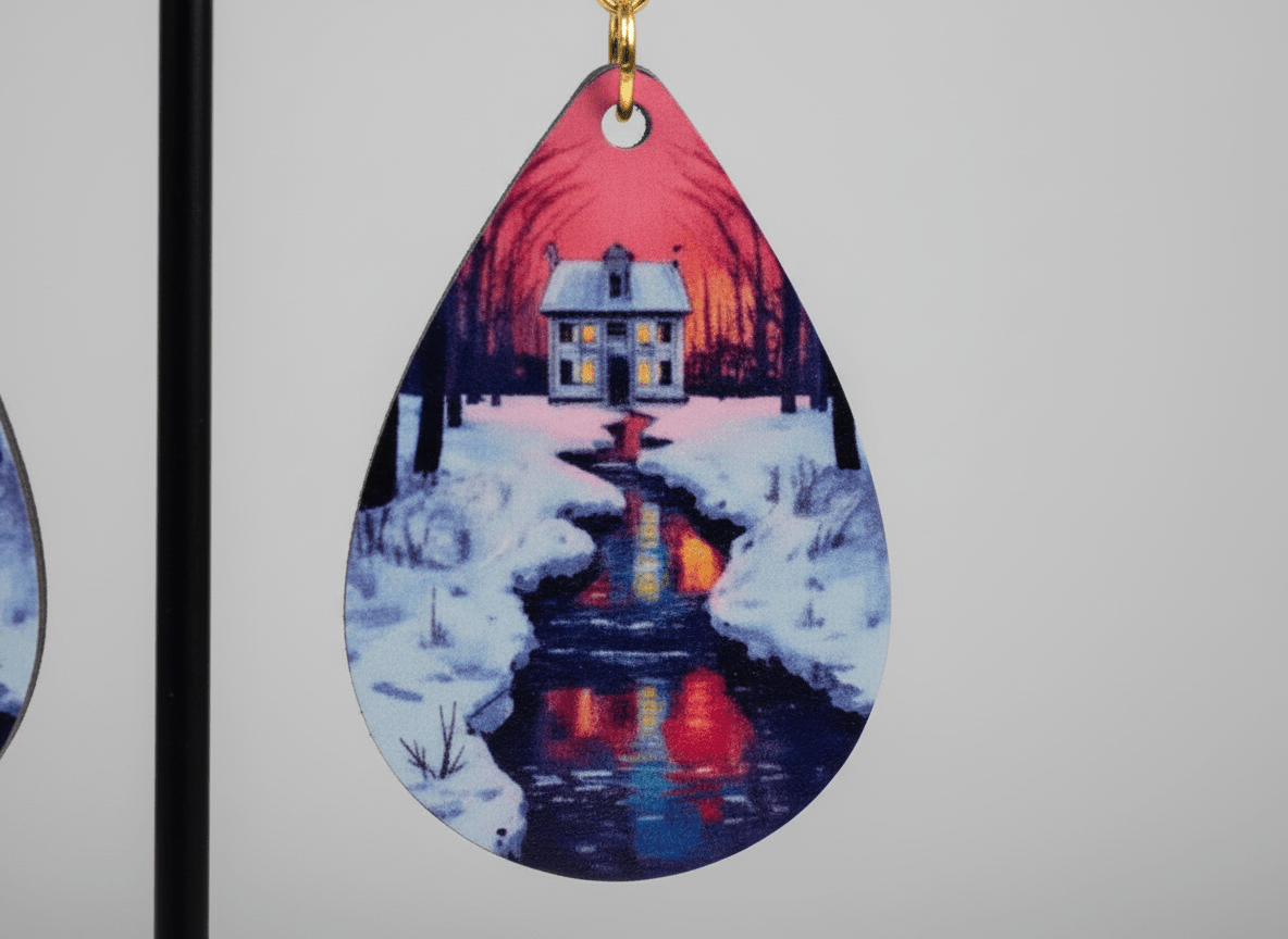 Winter Cottage Sunset Teardrop Earrings – Cozy Christmas Lightweight Jewelry - Panda Williow Studio
