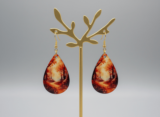 Autumn Forest Path Teardrop Earrings - Cozy Fall Lightweight Jewelry - Panda Williow Studio