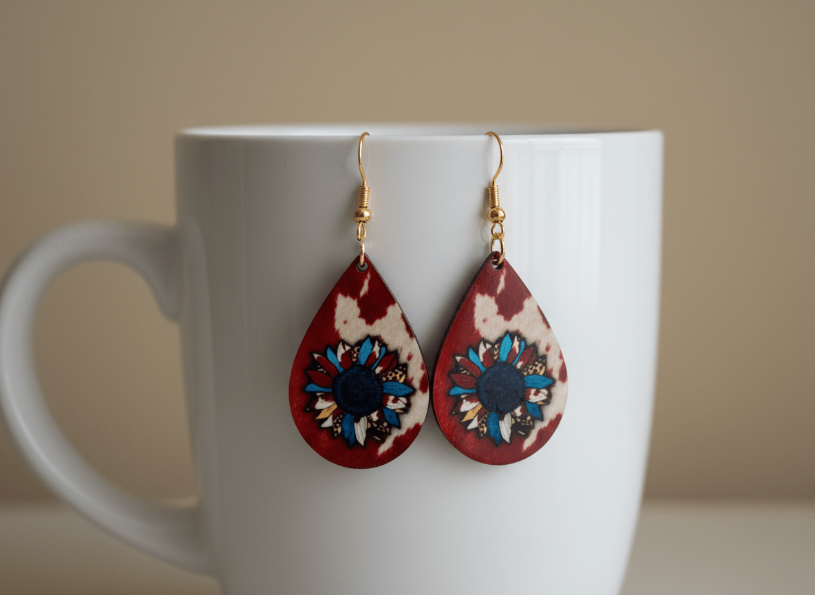 Red Cowhide Sunflower Teardrop Earrings – Western Boho Lightweight Jewelry - Panda Williow Studio