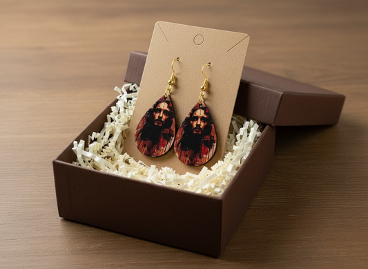 Jesus Portrait Teardrop Earrings – Artistic Faith-Inspired Sublimated Jewelry