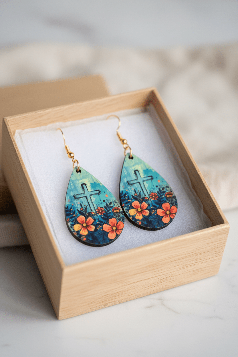 Floral Cross Teardrop Earrings – Faith Inspired, sublimated, lightweight jewelry - Panda Williow Studio
