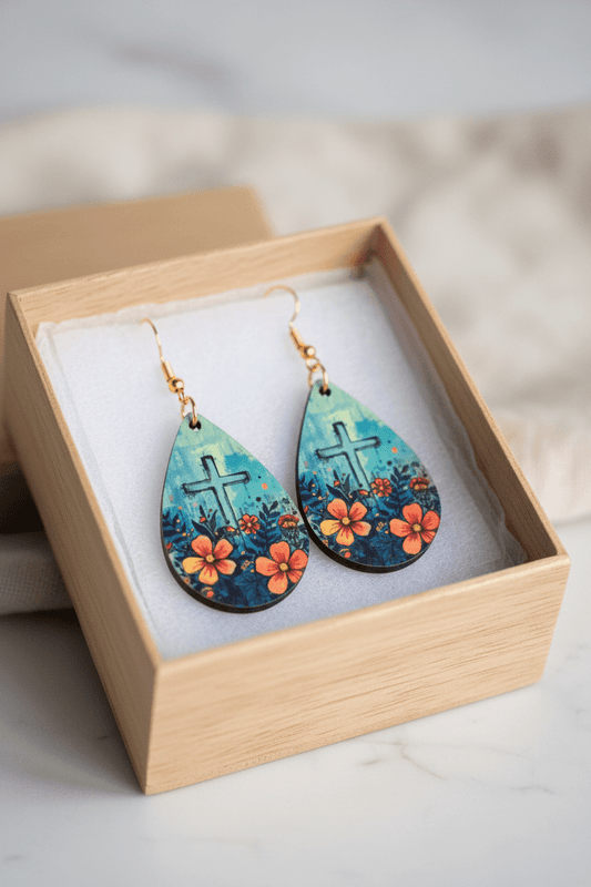 Floral Cross Teardrop Earrings – Faith Inspired, sublimated, lightweight jewelry - Panda Williow Studio