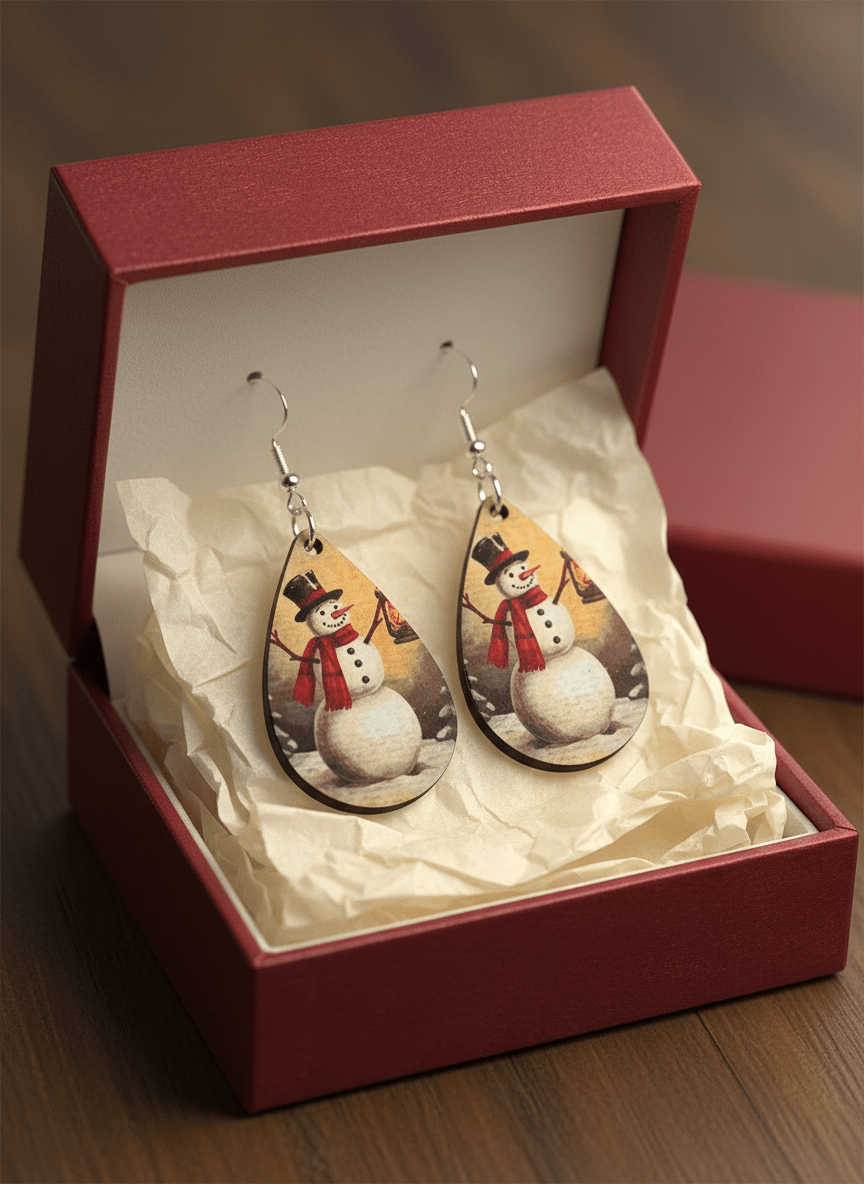 Vintage snowman lantern, teardrop earrings - sublimated ￼ - Panda WillIow Studio