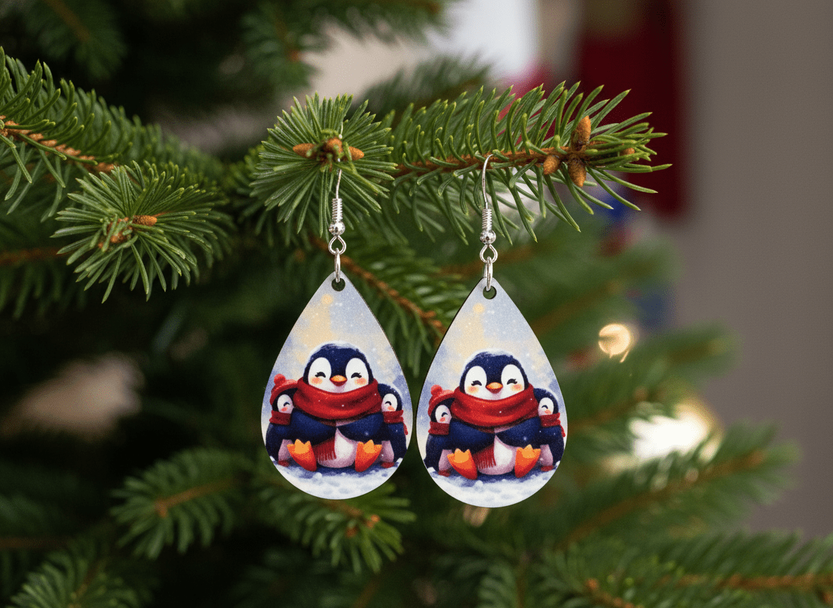 Penguin family Christmas teardrop earrings - sublimated - Panda WillIow Studio