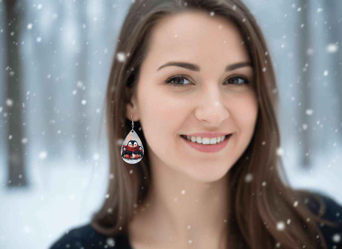 Penguin family Christmas teardrop earrings - sublimated - Panda Williow Studio