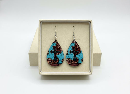 Turquoise Cross & Leopard Teardrop Earrings – Western Faith Lightweight Jewelry - Panda Williow Studio