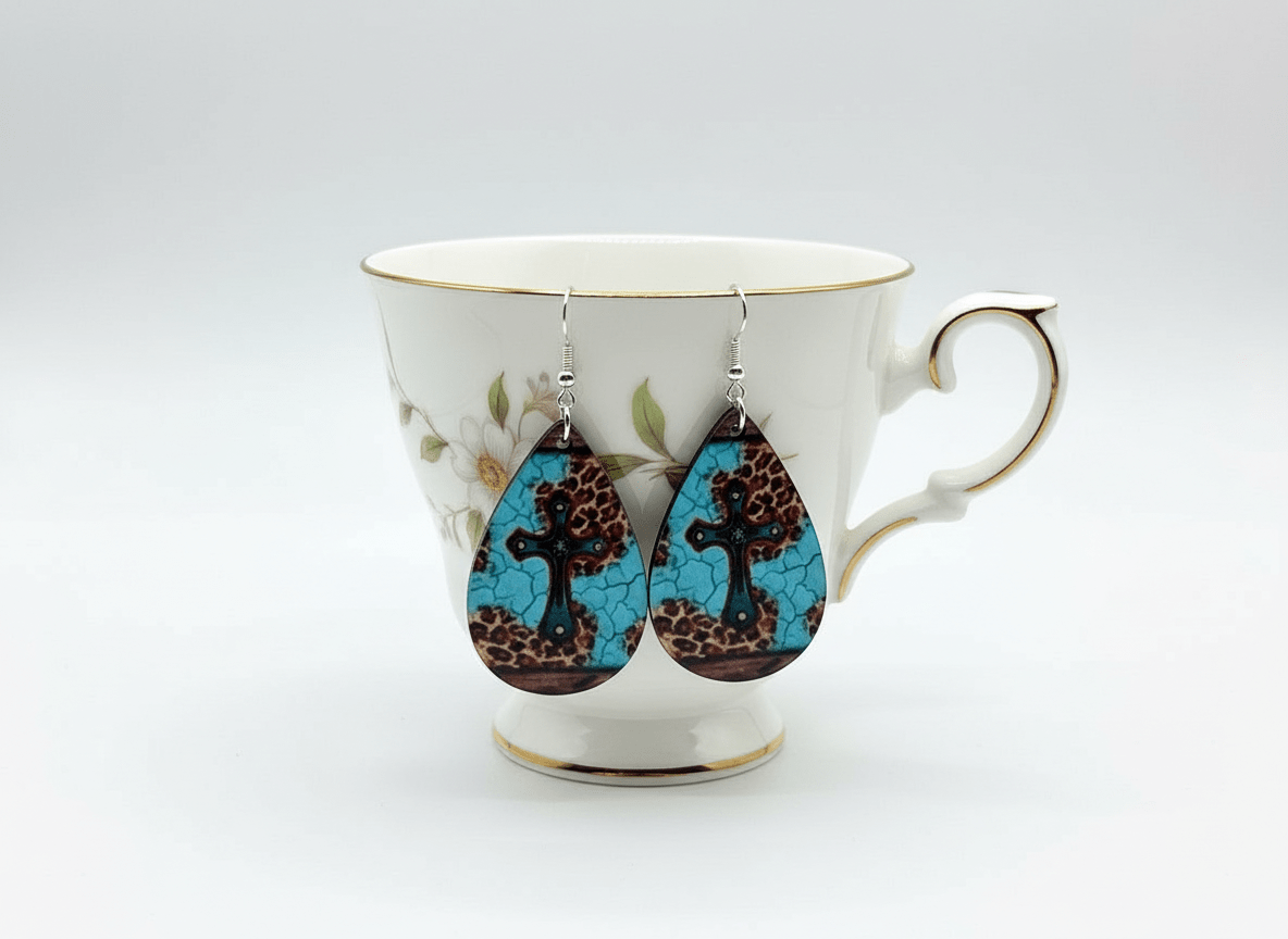Turquoise Cross & Leopard Teardrop Earrings – Western Faith Lightweight Jewelry - Panda Williow Studio