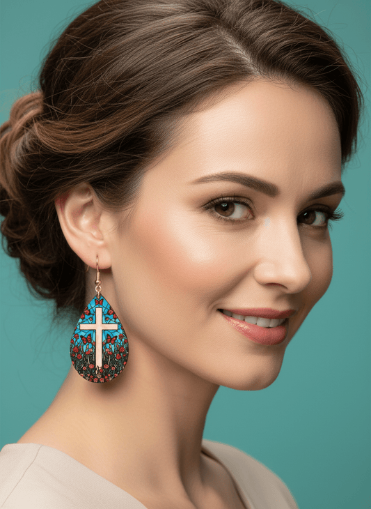 Stained Glass Cross and Butterfly Teardrop Earrings - Panda Williow Studio