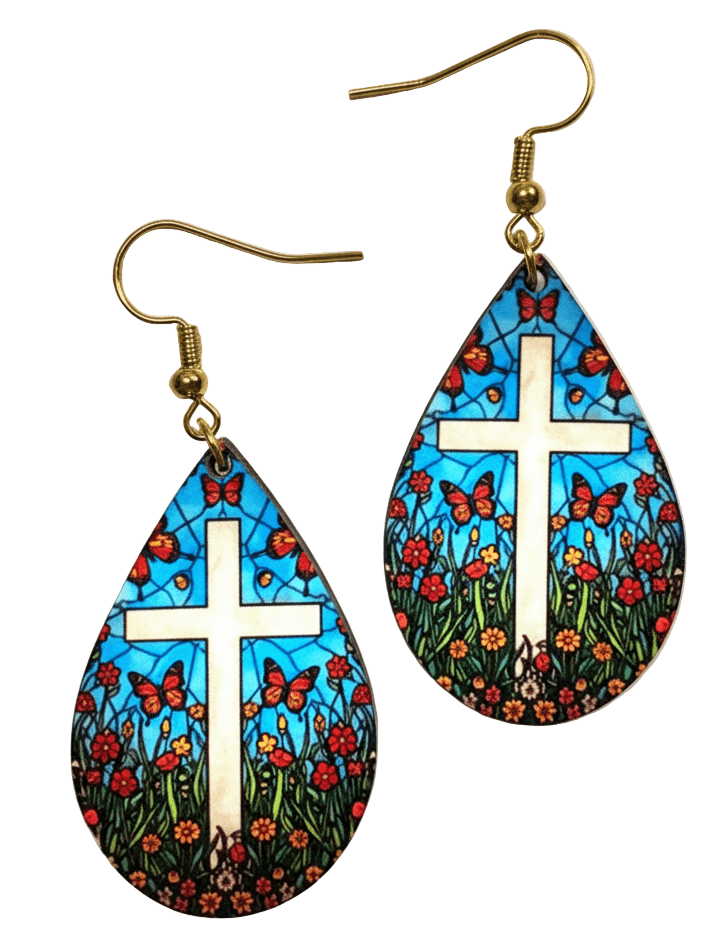 Stained Glass Cross and Butterfly Teardrop Earrings - Panda Williow Studio
