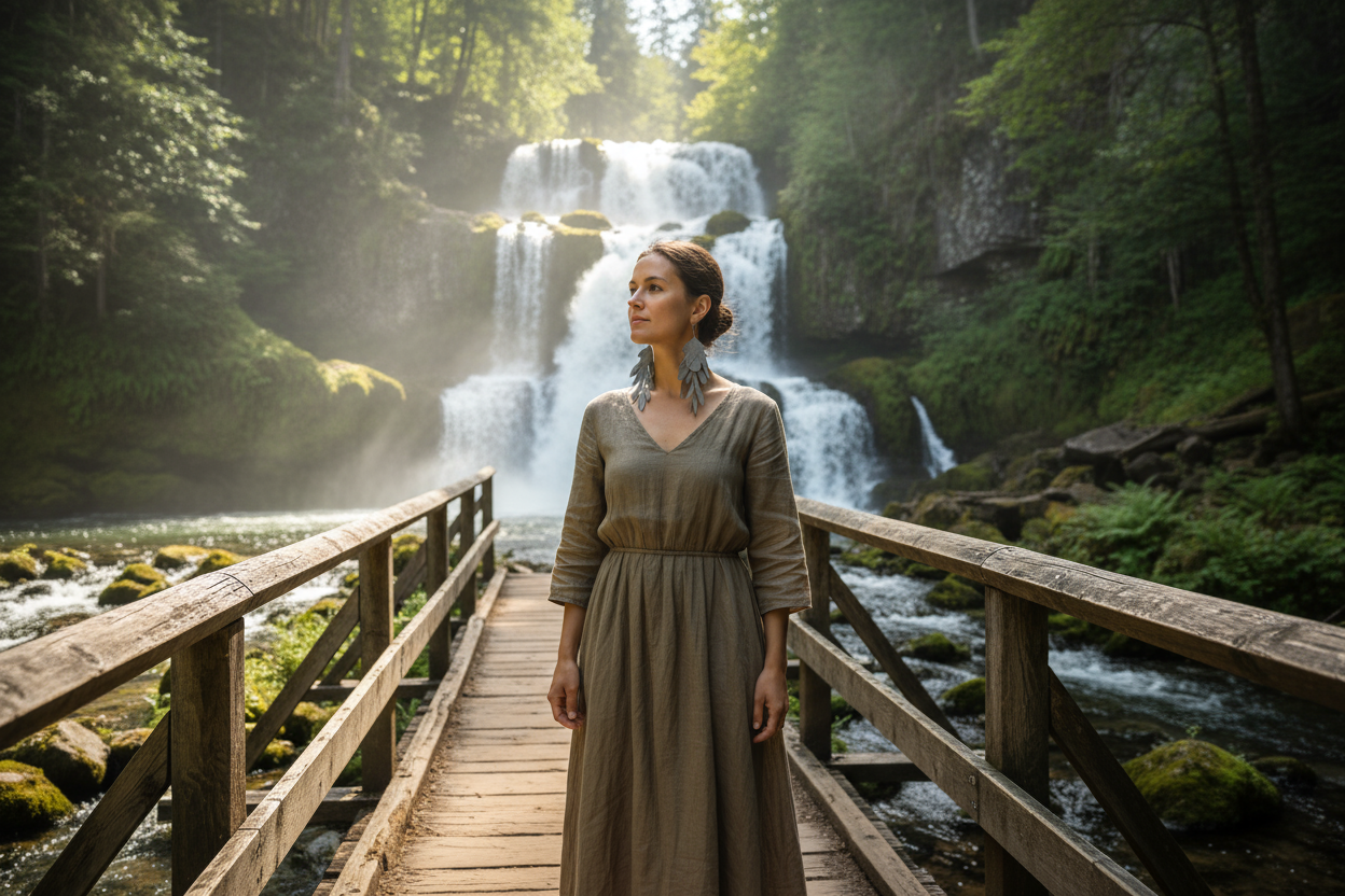 Lady standing on a Wooden bridge wearing a pair of fog leather earrings with a waterfall behind her